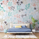Tapet personalizat floral cu flori si frunze in culori pastelate pe un fundal alb pastel flowers