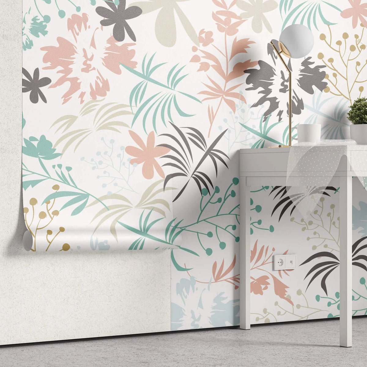 Tapet personalizat floral cu flori si frunze in culori pastelate pe un fundal alb pastel flowers