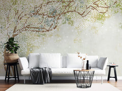Tapet personalizat floral cu un copac inflorit alb pe un fundal vernil linistitor serenity tree