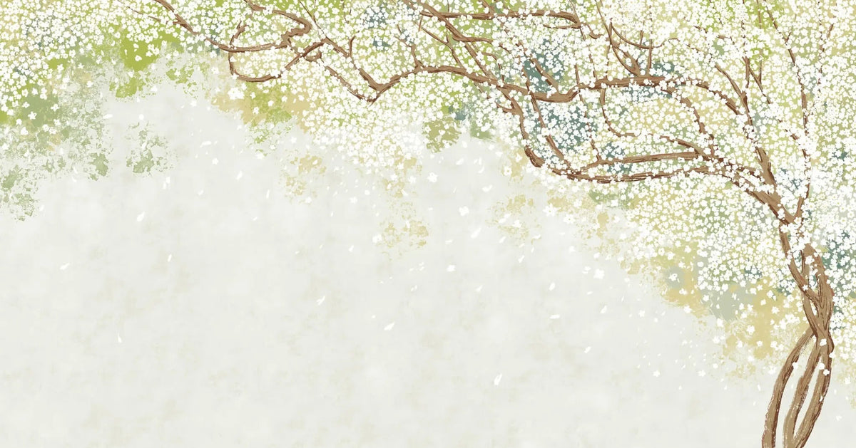 Tapet personalizat floral cu un copac inflorit alb pe un fundal vernil linistitor serenity tree