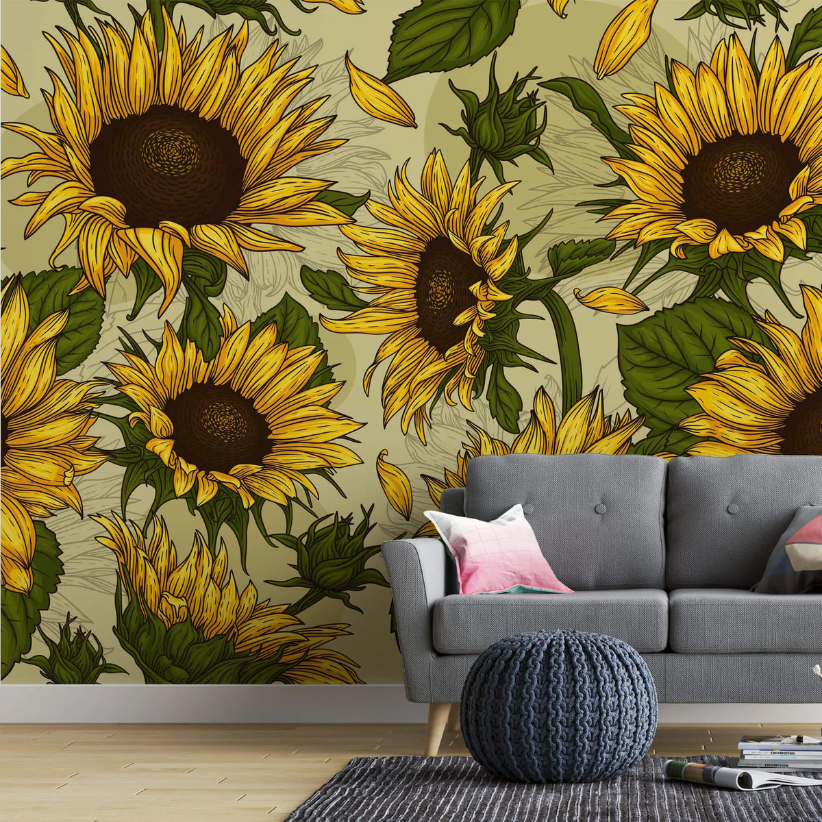 Tapet personalizat floral cu floarea soarelui cu efect de ilustratie sunflower field