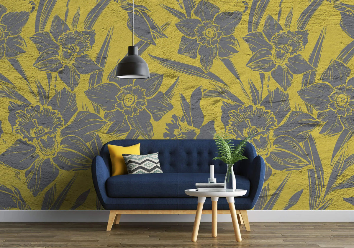 Tapet personalizat floral cu flori tropicale intr un contrast de galben gri cu efect de print pe beton in stil industrial tropical contrast