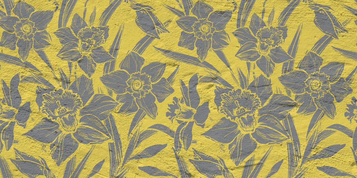 Tapet personalizat floral cu flori tropicale intr un contrast de galben gri cu efect de print pe beton in stil industrial tropical contrast