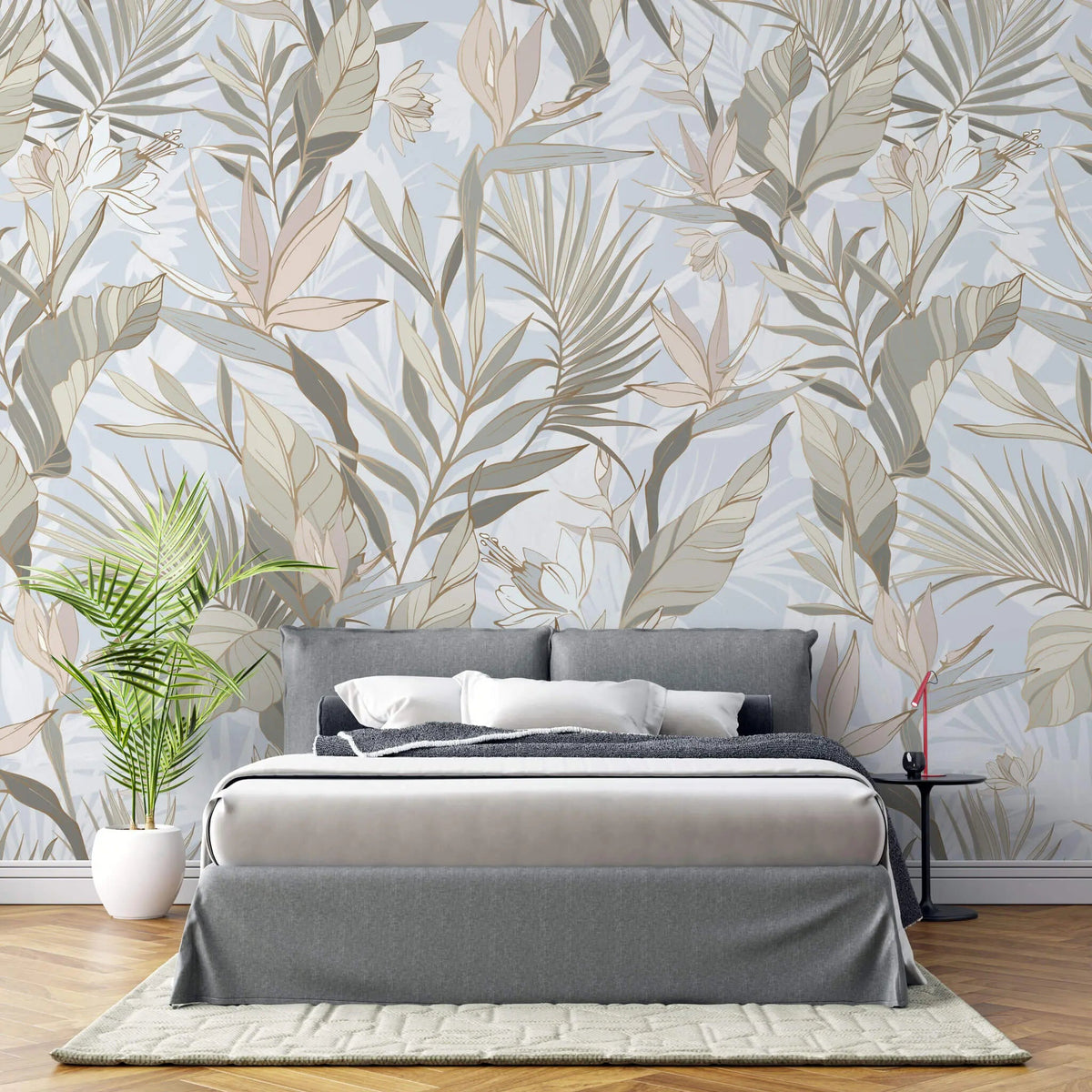 Tapet floral personalizat cu flori tropicale in culori pastelate tropical pastel