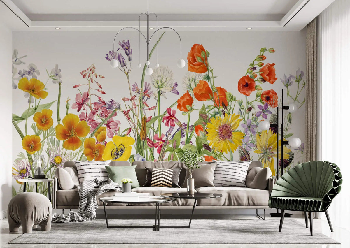 Tapet personalizat floral cu mix de flori salbatice de mac rosu crin peruan echinacea iris peacock moraea pe un fundal alb vibrant wilderness