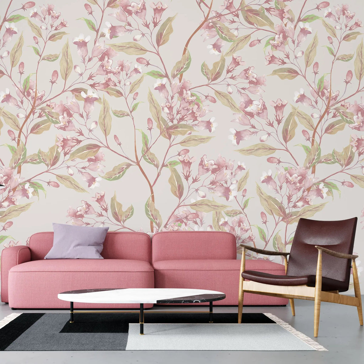 Tapet personalizat floral cu flori de jacaranda roz pe un fundal bej pink jacaranda