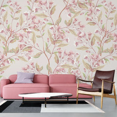 Tapet personalizat floral cu flori de jacaranda roz pe un fundal bej pink jacaranda