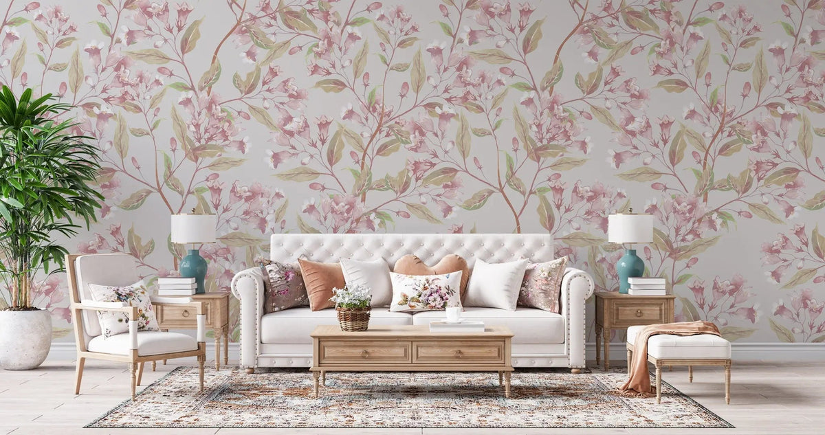 Tapet personalizat floral cu flori de jacaranda roz pe un fundal bej pink jacaranda