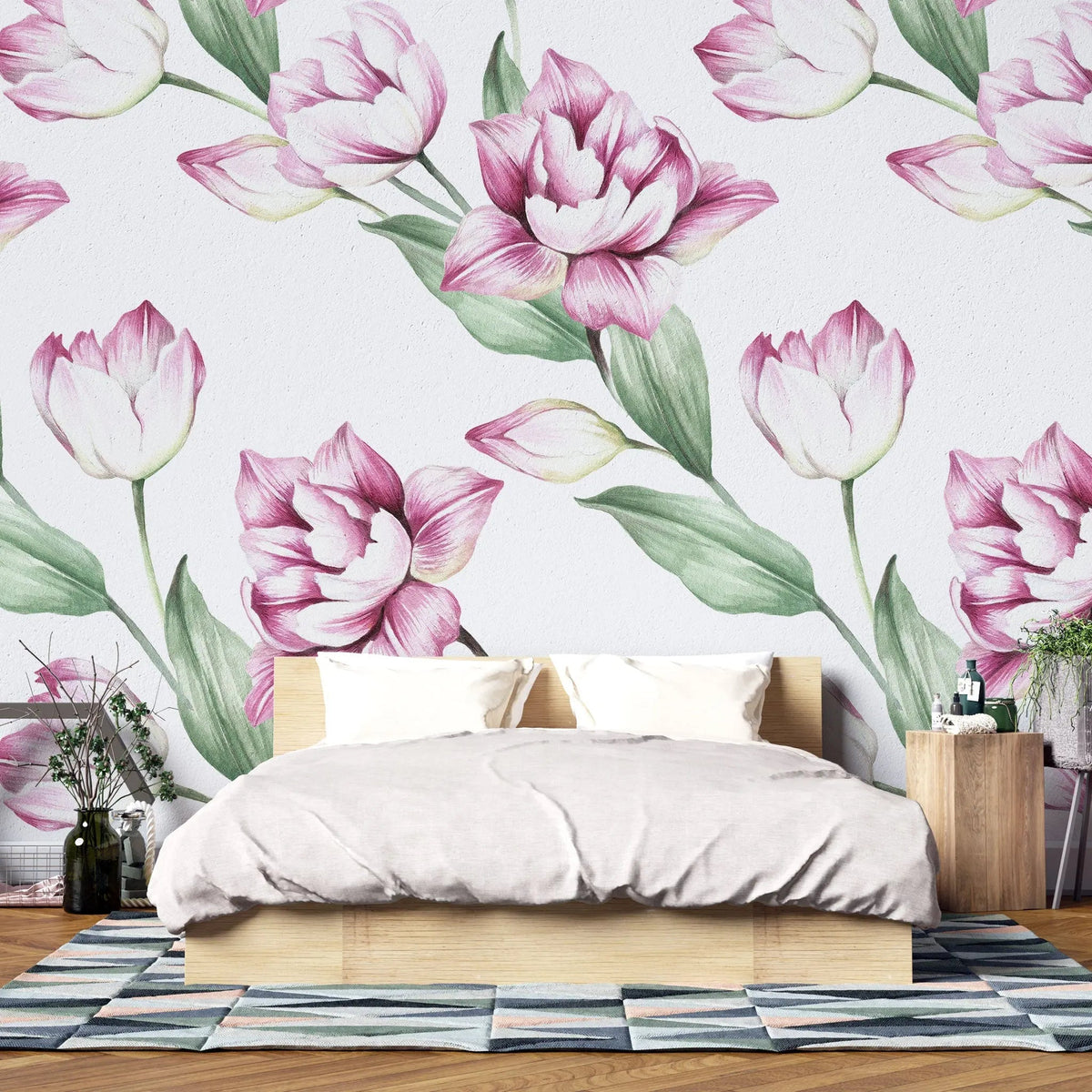 Tapet personalizat floral cu lalele roz inflorite bloomed tulips