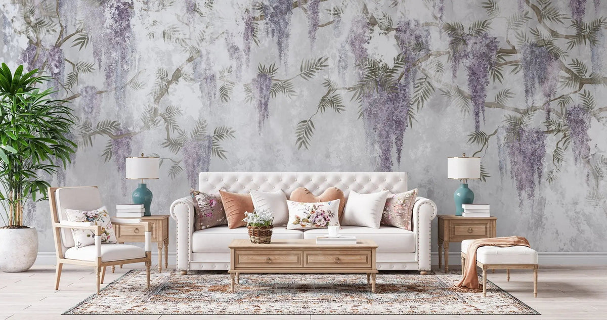 Tapet personalizat floral cu wisteria pe un perete din beton concrete wisteria