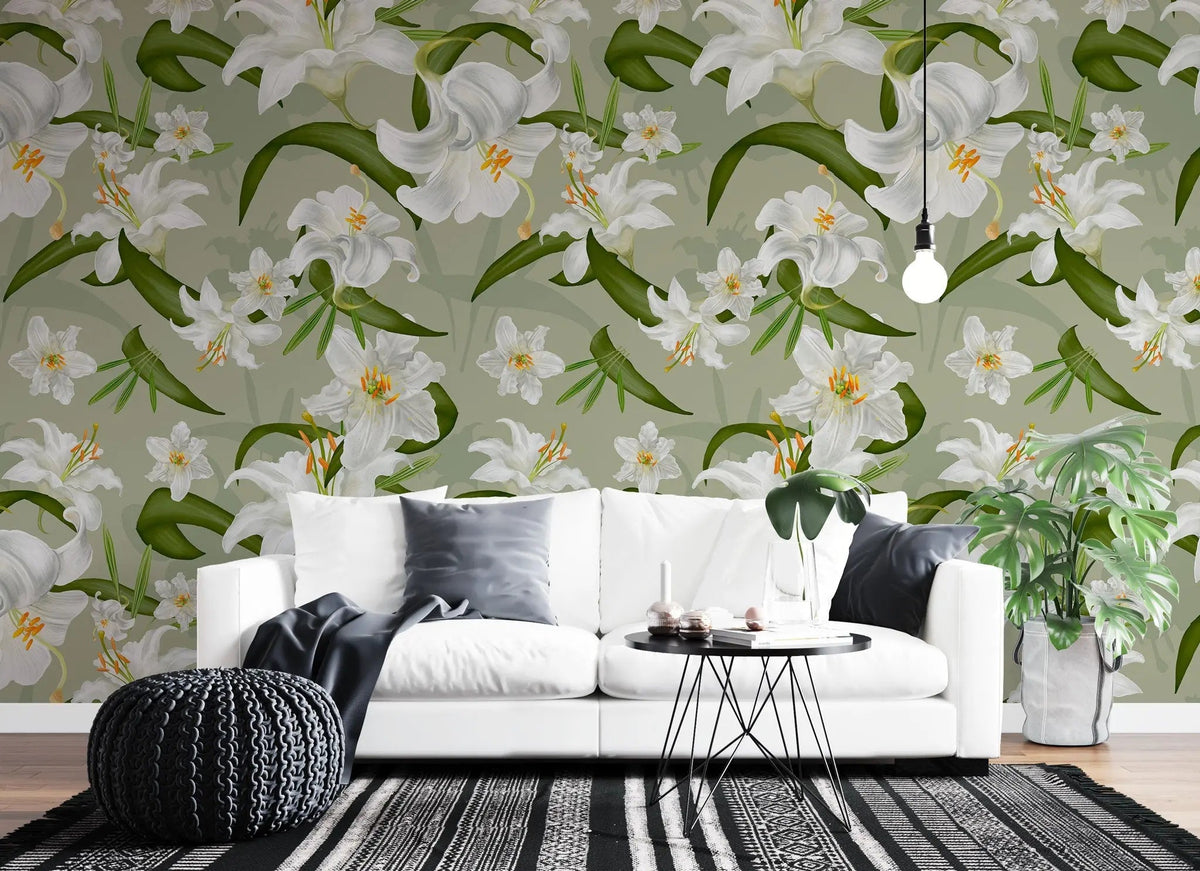 Tapet personalizat floral cu crini albi pe un fundal verde green lily