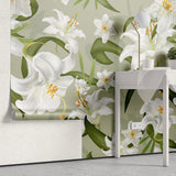 Tapet personalizat floral cu crini albi pe un fundal verde green lily