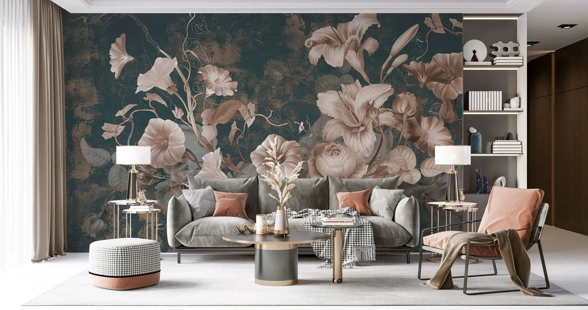 Tapet personalizat floral cu flori in stil clasicist pe un fundal inchis classy floral