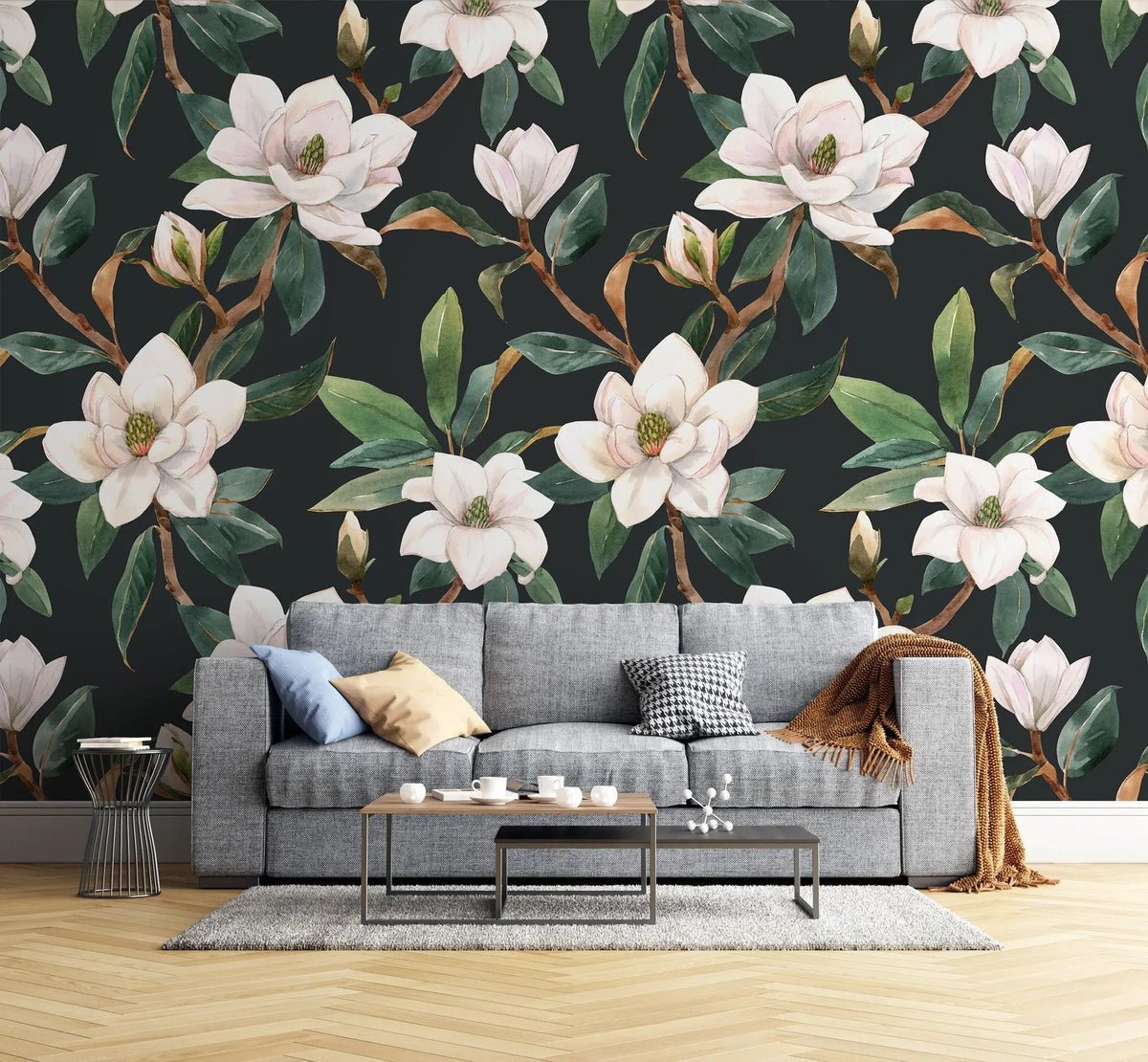 Tapet personalizat floral cu flori in stil clasicist pe un fundal inchis classy floral