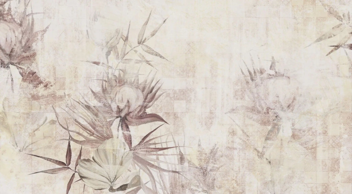 Tapet personalizat floral cu flori fade pe un fundal bej faiantat faded tile flowers