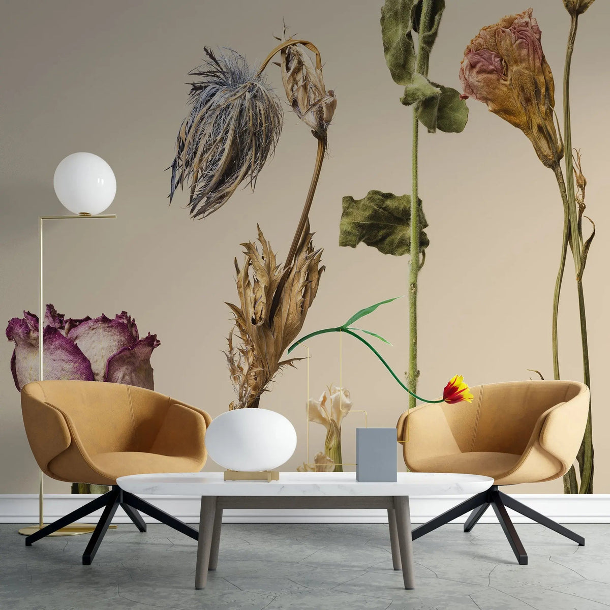 Tapet personalizat floral cu flori uscate pe un fundal bej dried flowers