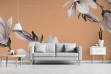 Tapet personalizat floral cu flori de magnolie in rama aurie subtire si pe un fundal oranj framed magnolia
