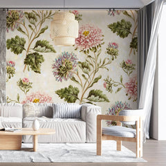 Tapet personalizat floral cu flori inflorite roz si lila pe un fundal deschis pink bull's eye