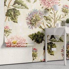 Tapet personalizat floral cu flori inflorite roz si lila pe un fundal deschis pink bull's eye