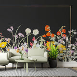 Tapet personalizat floral cu flori in culori vivide cu rama aurie subtire pe un fundal negru black farmed flowers
