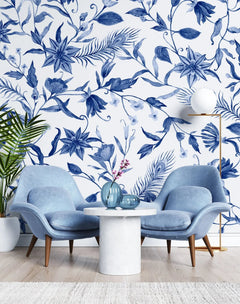 Tapet personalizat floral cu flori albastre in stil olandez dutch blue flowers
