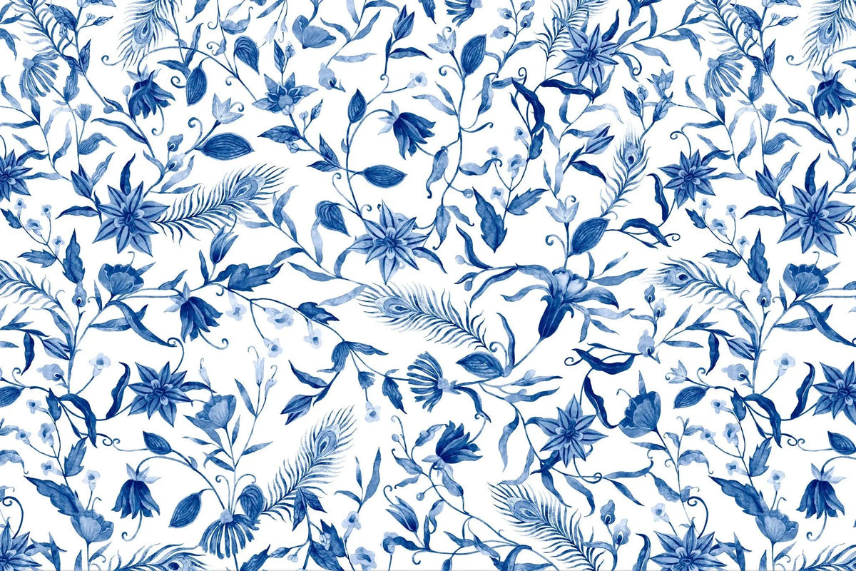 Tapet personalizat floral cu flori albastre in stil olandez dutch blue flowers