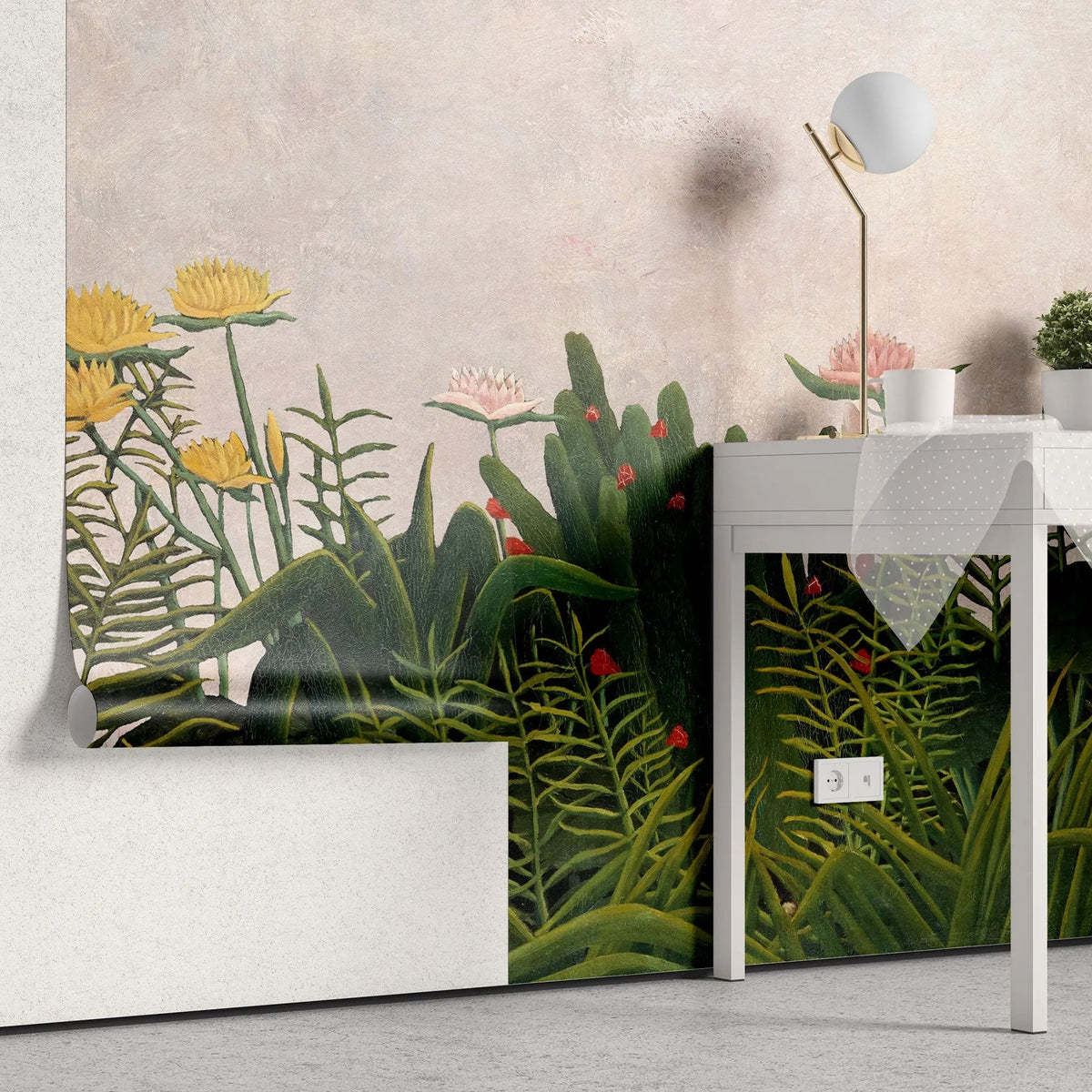 Tapet personalizat floral cu flori de cactus pe un perete in nuante deschise cactus flowers