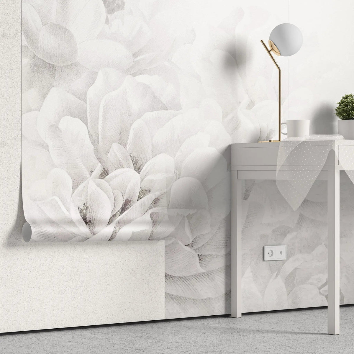 Tapet personalizat floral cu flori albe intr o atmosfera de vis white dream