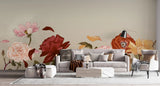 Tapet personalizat floral cu petale de flori suflate in vant pe un fundal bej petals in the wind