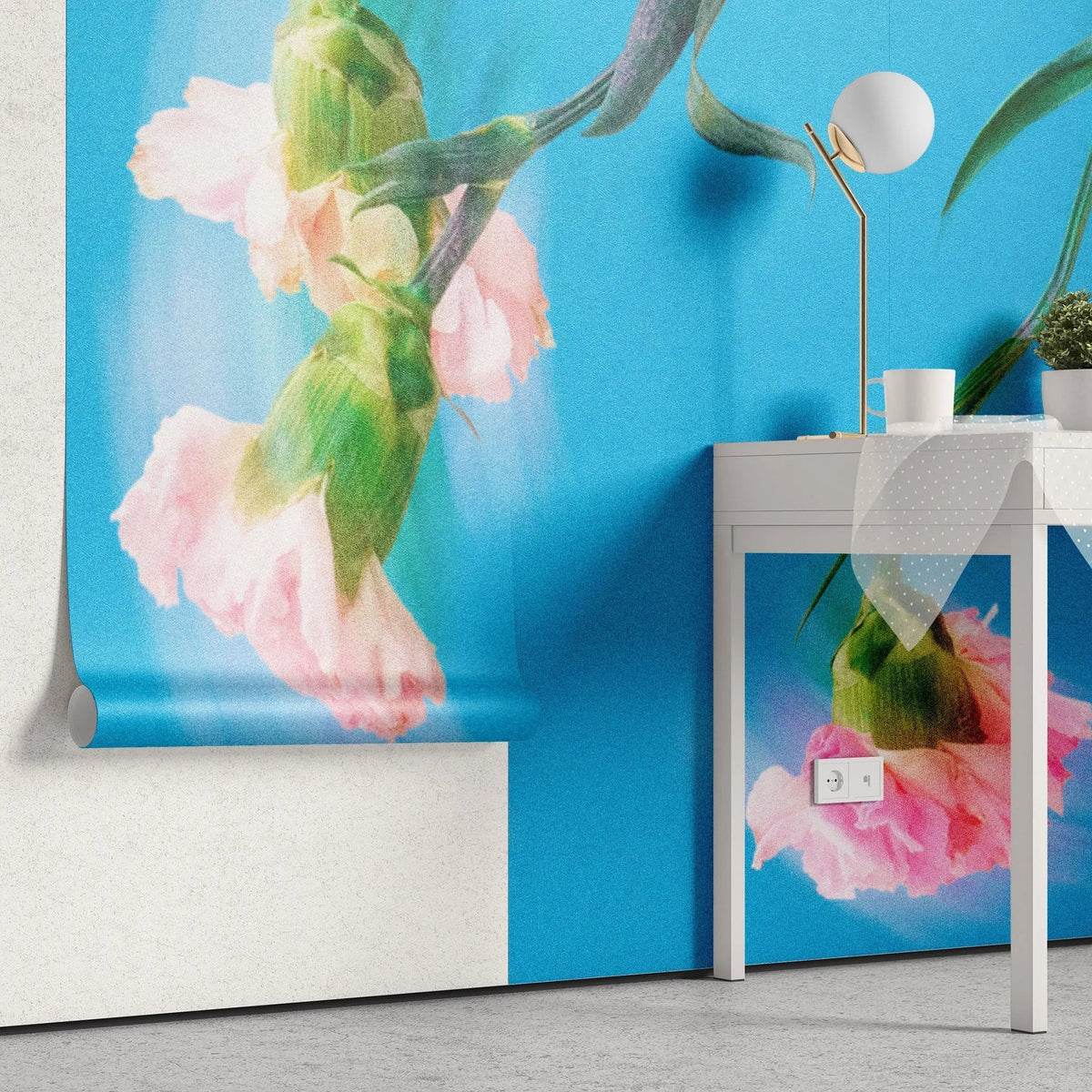 Tapet personalizat floral cu garoafe roz sterse pe un fundal turcoaz intens smudged carnations