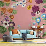 Tapet personalizat floral cu flori vesele si colorate pe un fundal roz joyful pink