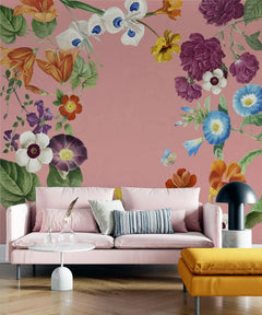 Tapet personalizat floral cu flori vesele si colorate pe un fundal roz joyful pink