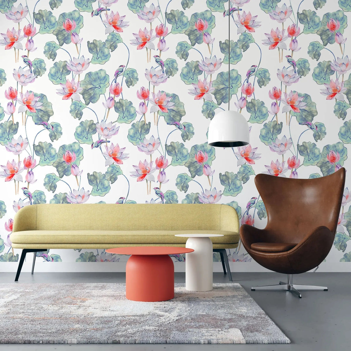 Tapet personalizat floral cu flori de lotus egiptean rosu si pasari colorate red lotus
