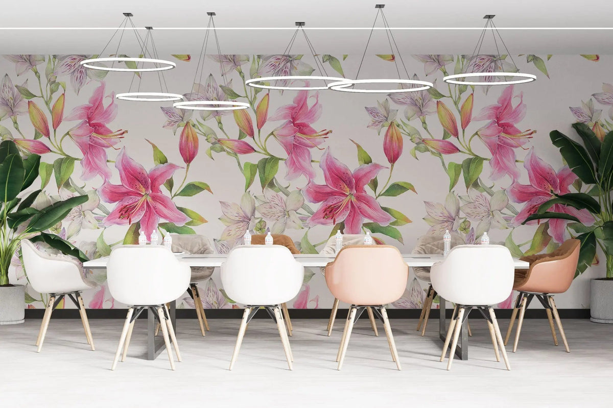 Tapet personalizat floral cu flori de crin roz pe un fundal alb pink lilies
