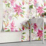 Tapet personalizat floral cu flori de crin roz pe un fundal alb pink lilies