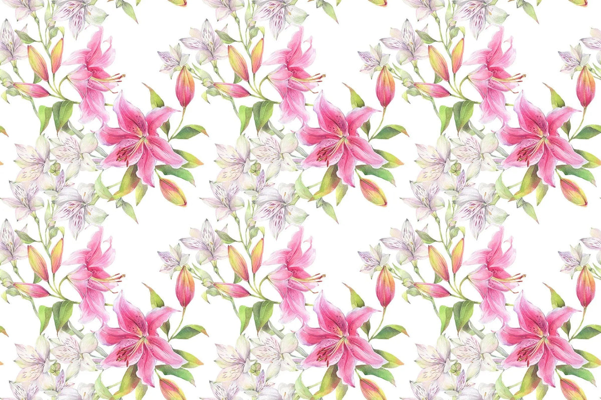 Tapet personalizat floral cu flori de crin roz pe un fundal alb pink lilies