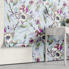 Tapet personalizat floral cu flori nocturne in nuante de mov pe un fundal albastru pal night flowers