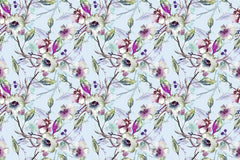 Tapet personalizat floral cu flori nocturne in nuante de mov pe un fundal albastru pal night flowers