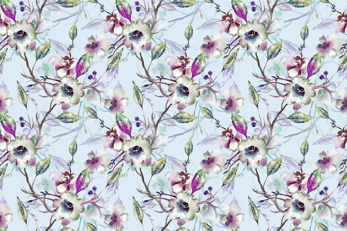 Tapet personalizat floral cu flori nocturne in nuante de mov pe un fundal albastru pal night flowers