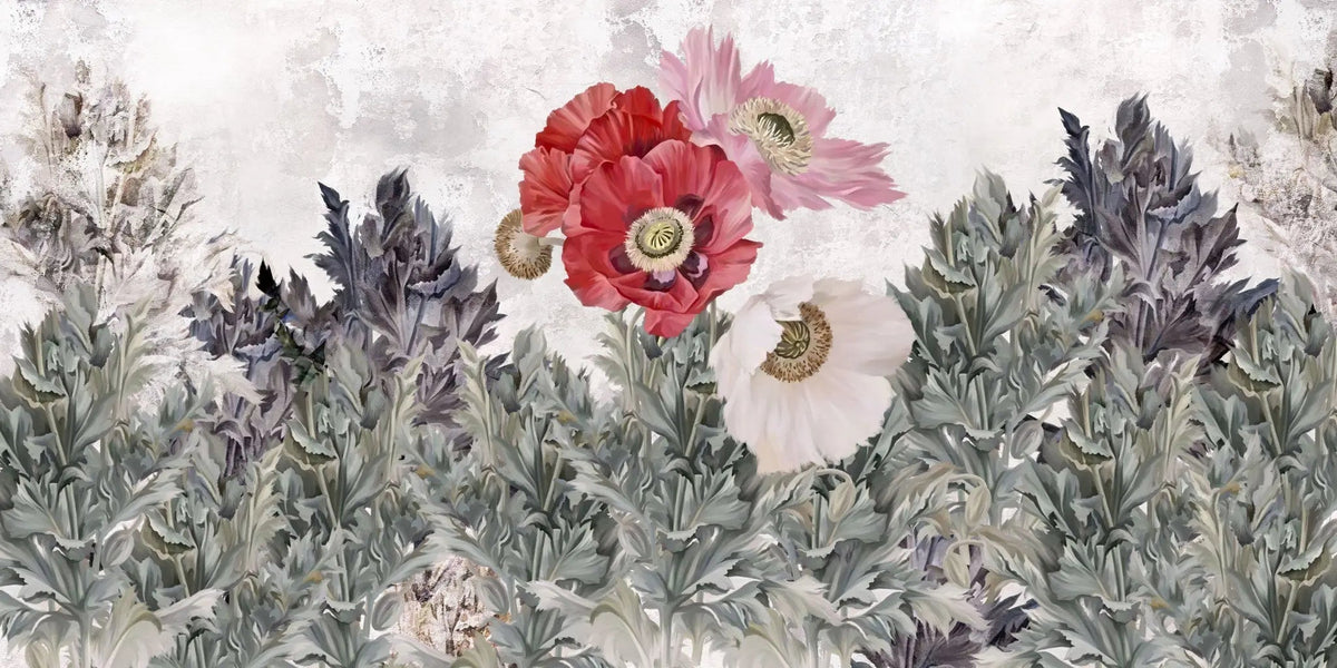 Tapet personalizat floral cu camp de flori de mac rosii si roz poppy field