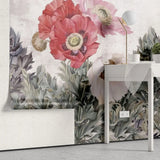 Tapet personalizat floral cu camp de flori de mac rosii si roz poppy field