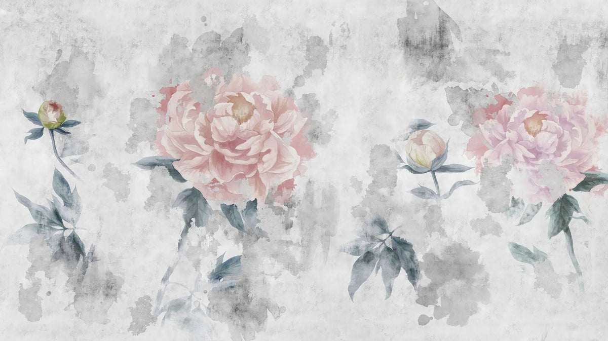 Tapet personalizat floral cu bujori infloriti pictati in pictura fada faded bloosom