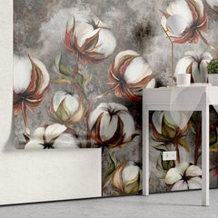 Tapet personalizat floral cu flori de bumbac pe un fundal inchis de beton concrete cotton flowers