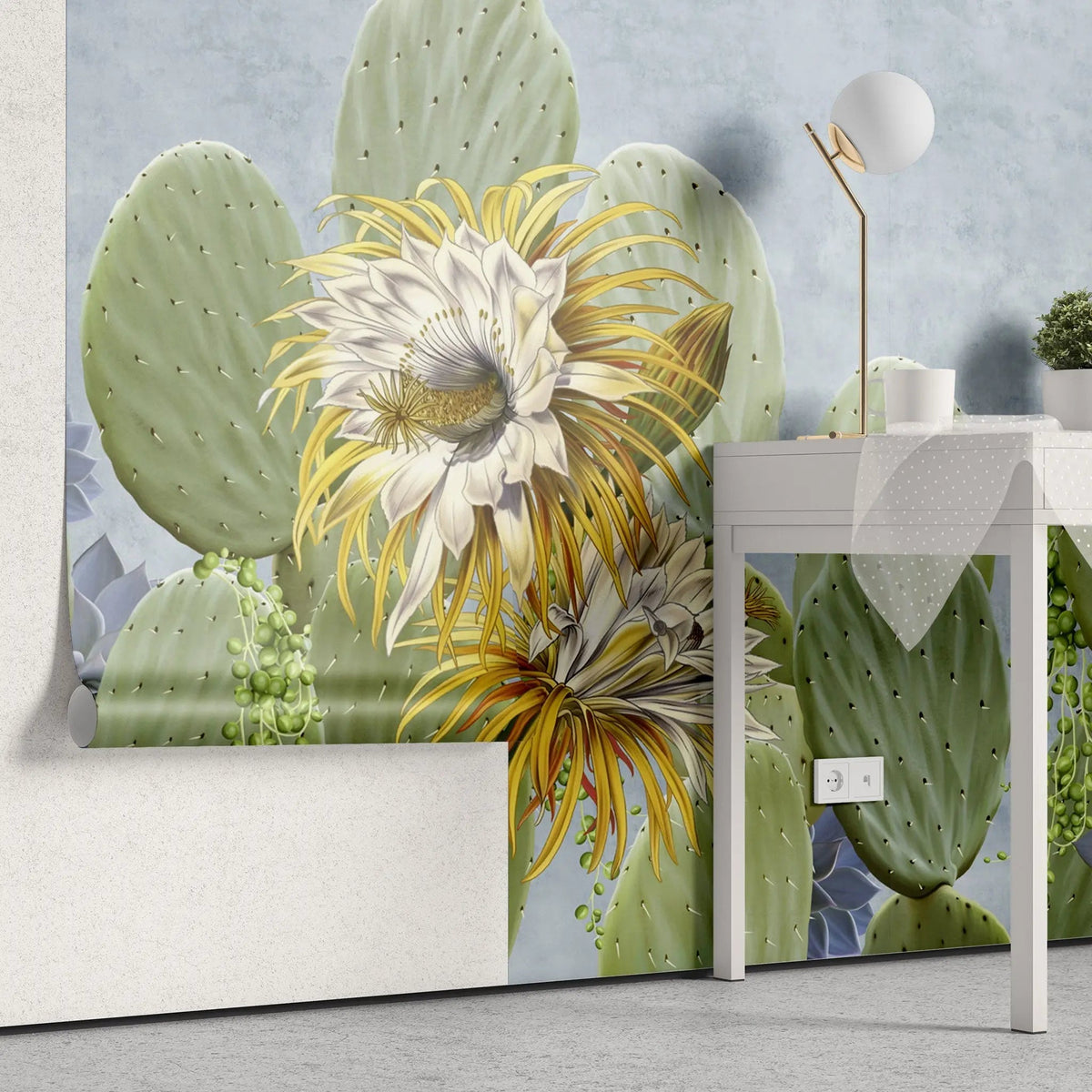 Tapet personalizat floral cu cactusi infloriti si suculente pe un fundal albastru cactus blooming
