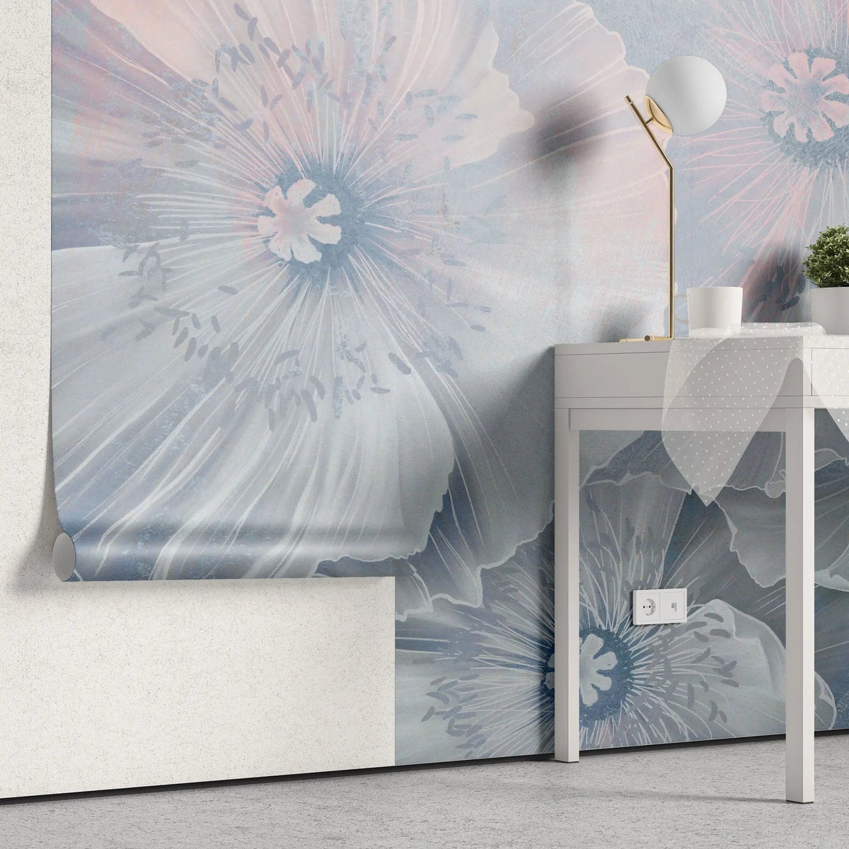 Tapet personalizat floral cu flori in pastel albastru pastel bloom