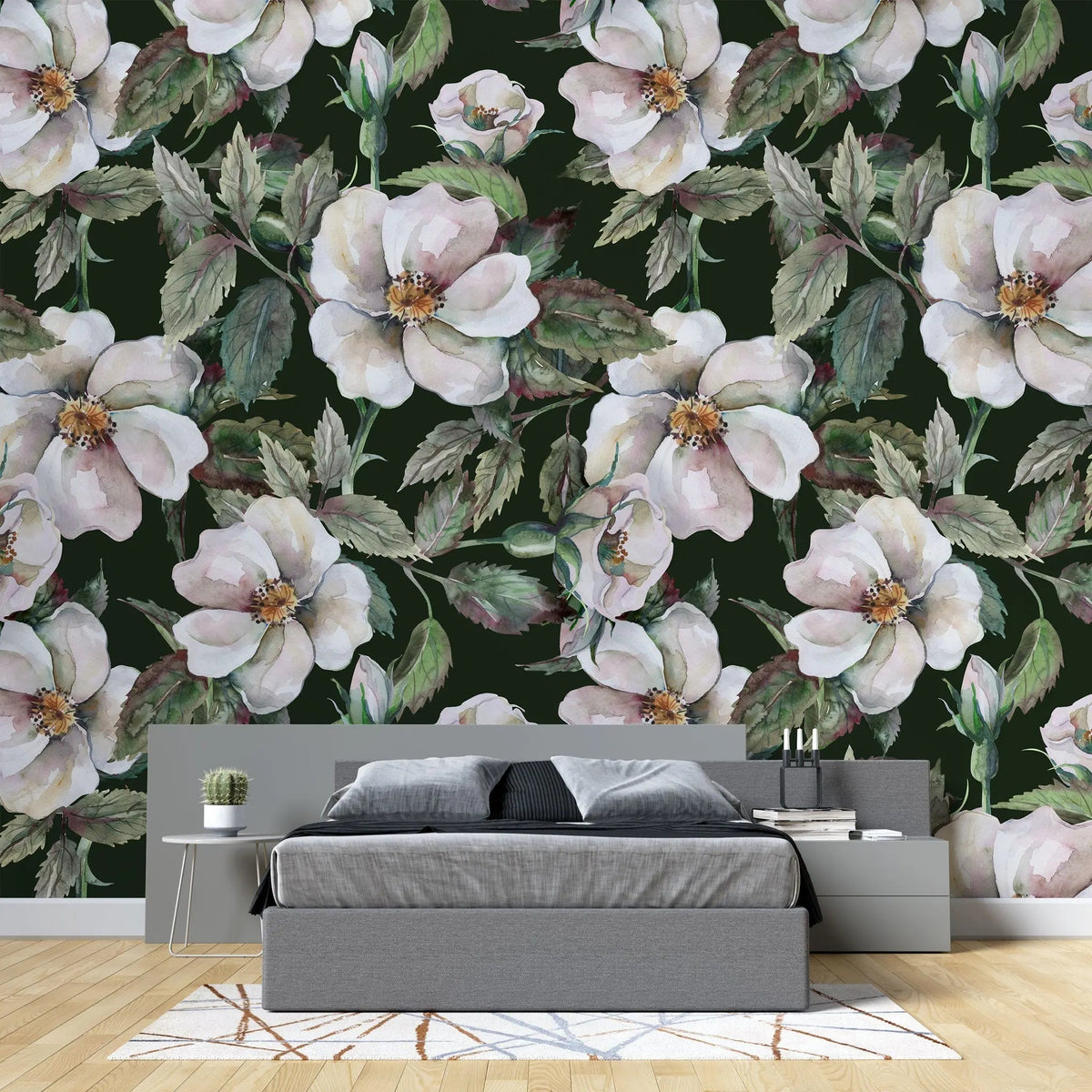 Tapet personalizat floral cu trandafiri salbatici pe fundal negru wild roses dark