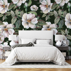 Tapet personalizat floral cu trandafiri salbatici pe fundal negru wild roses dark