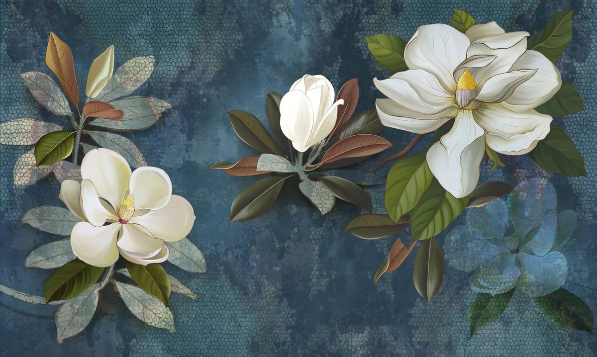 Tapet personalizat floral cu flori de magnolie alba pe fundal albastru inchis vintage magnolia