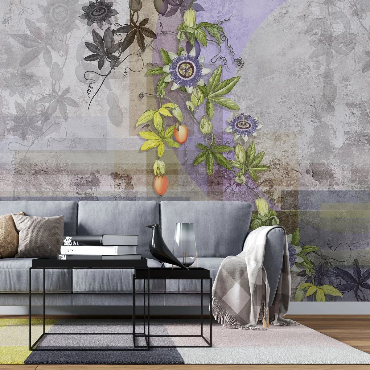 Tapet personalizat floral cu maces inflorit pe un fundal gri bloomed rosehip grey