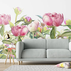 Tapet personalizat floral cu lalele roz inflorite pe fundal alb pink tulips